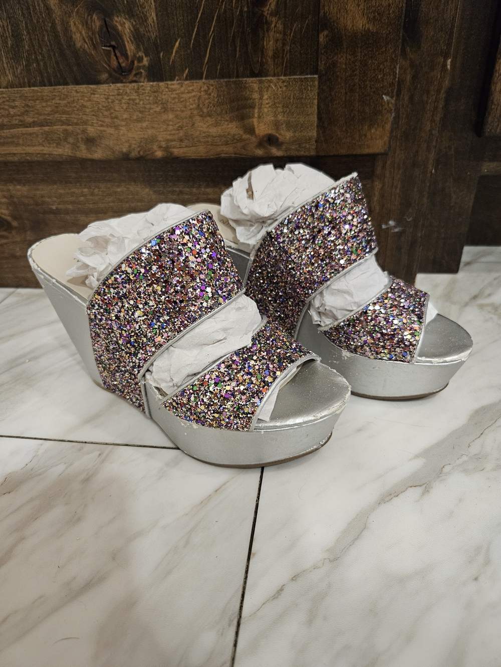 Nine West Silver Wedge Sandals with Multicolor Glitter Straps